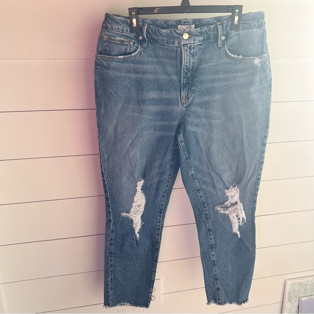 Good American Women’s Distressed Straight Ankle Jeans Denim in Blue Size 10/30